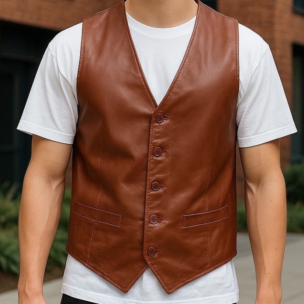 VTG Berman's Men's Leather Button Front Cowboy Western Rodeo Ranch Vest Brown 40